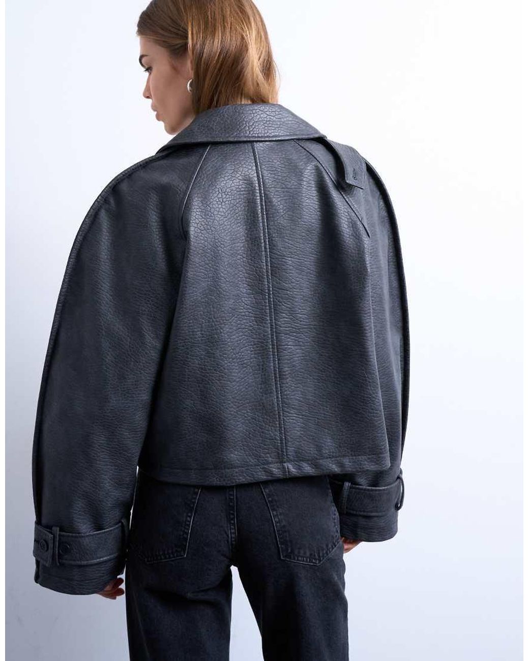 TOPSHOP Blue Faux Leather Ovoid Sleeve Short Trench