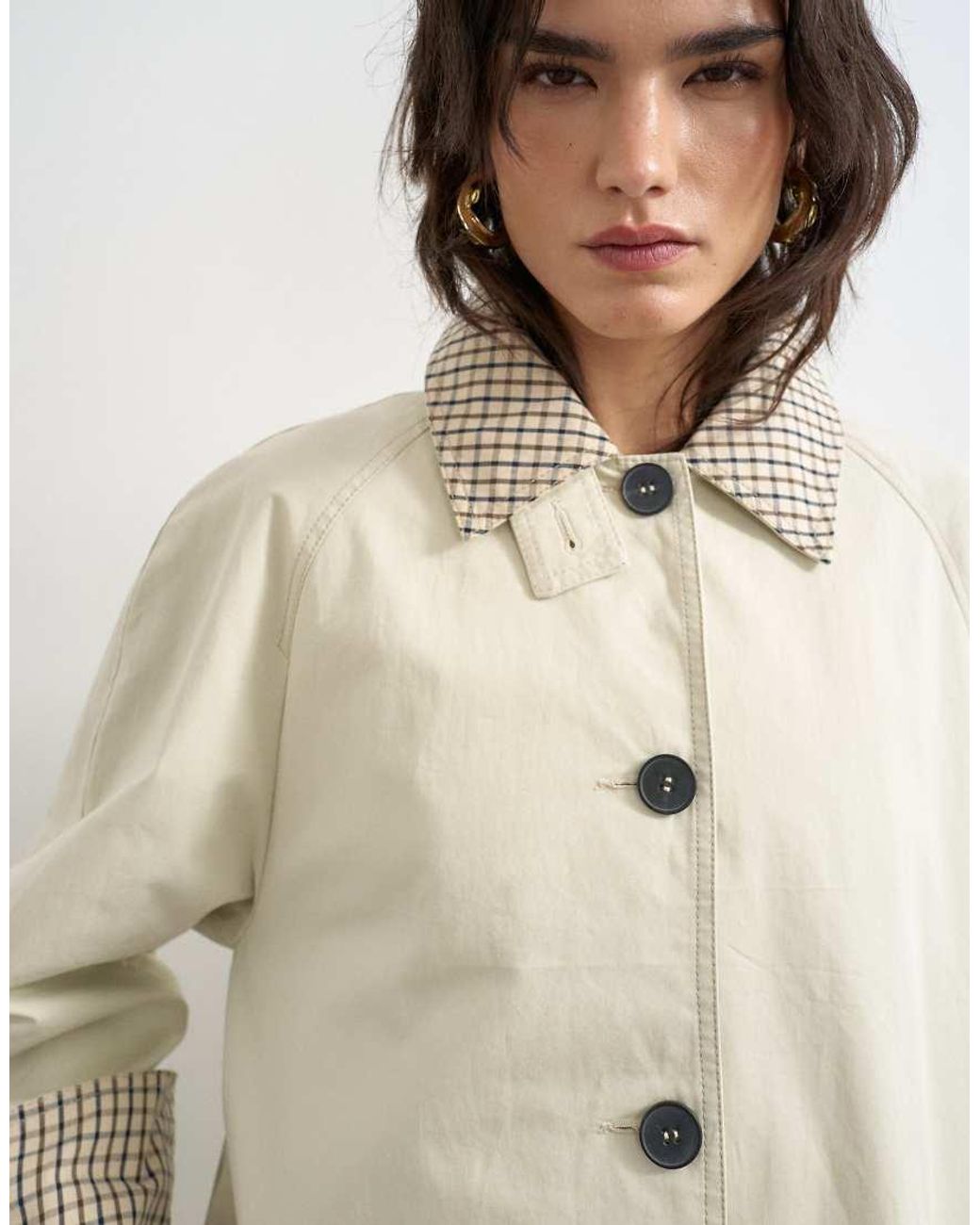 TOPSHOP White Clean Front Trench With Contrast Check