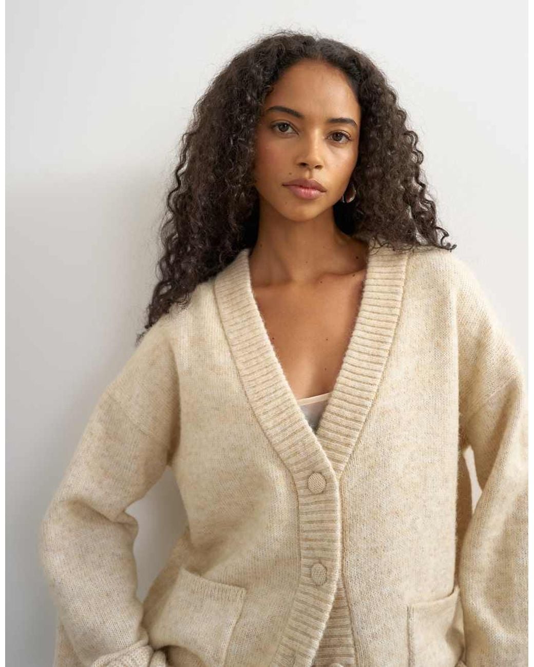 TOPSHOP Brown Knitted Boyfriend Longline Covered Button Cardigan With Wool