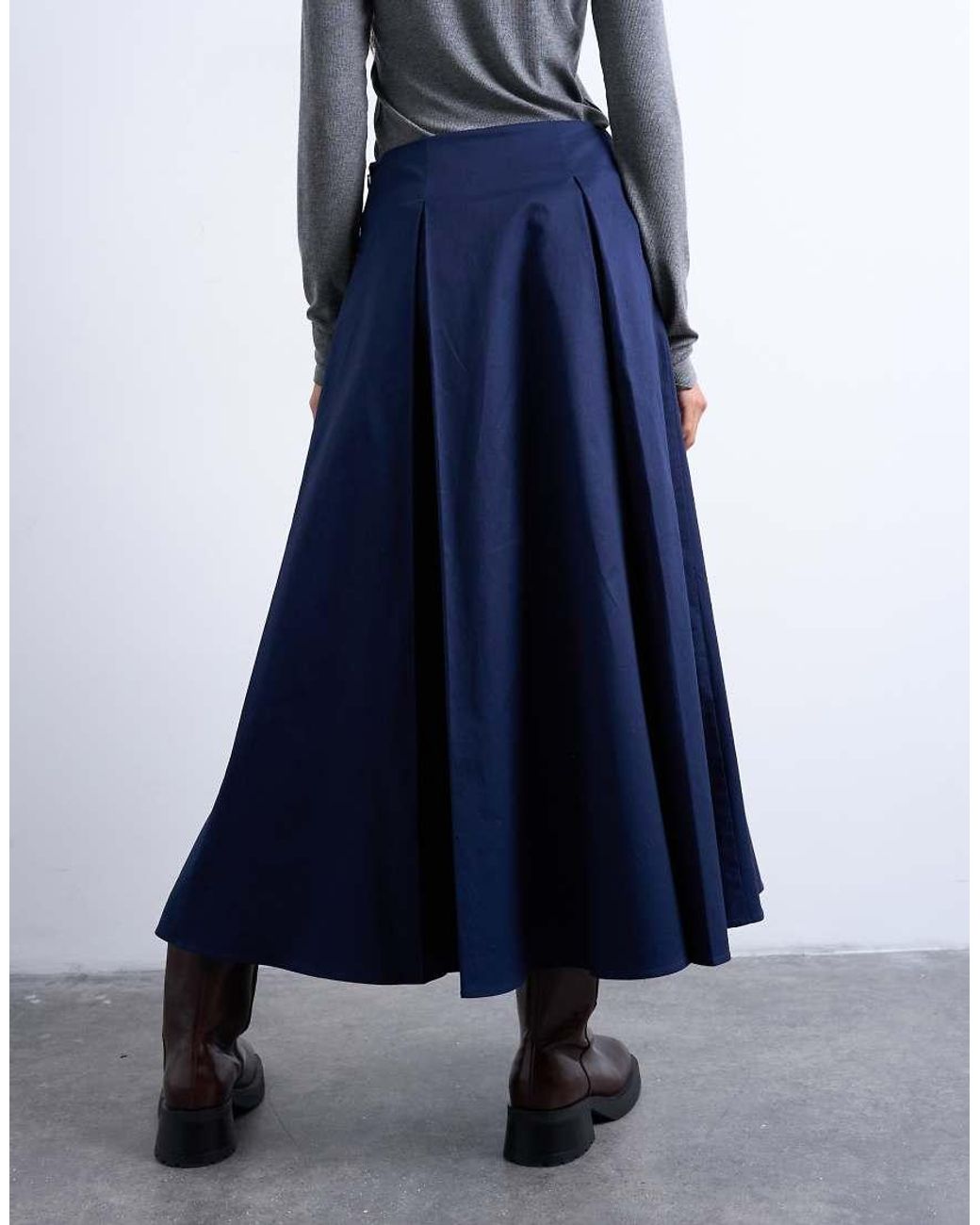 TOPSHOP Blue Pleat Front Midi Skirt