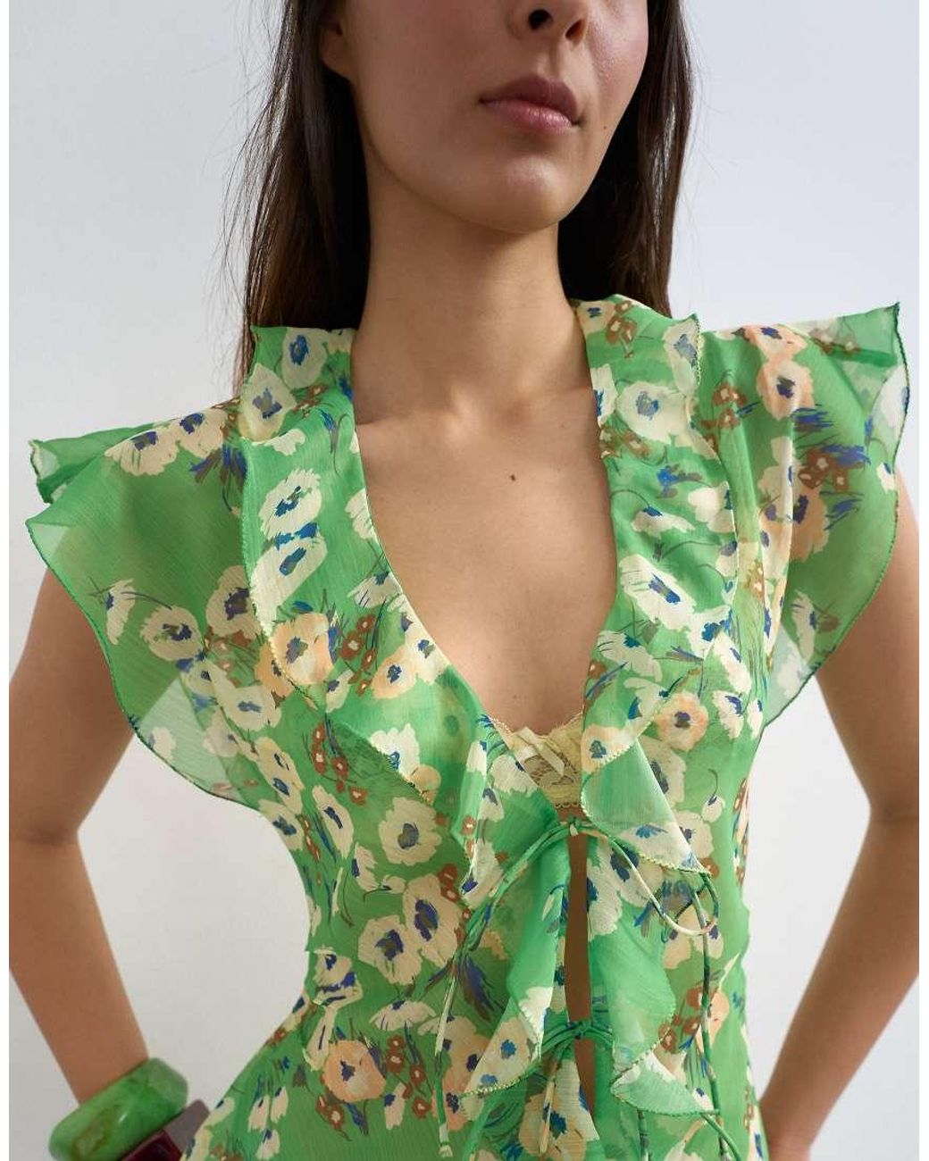 TOPSHOP Green Ruffle V Neck Top