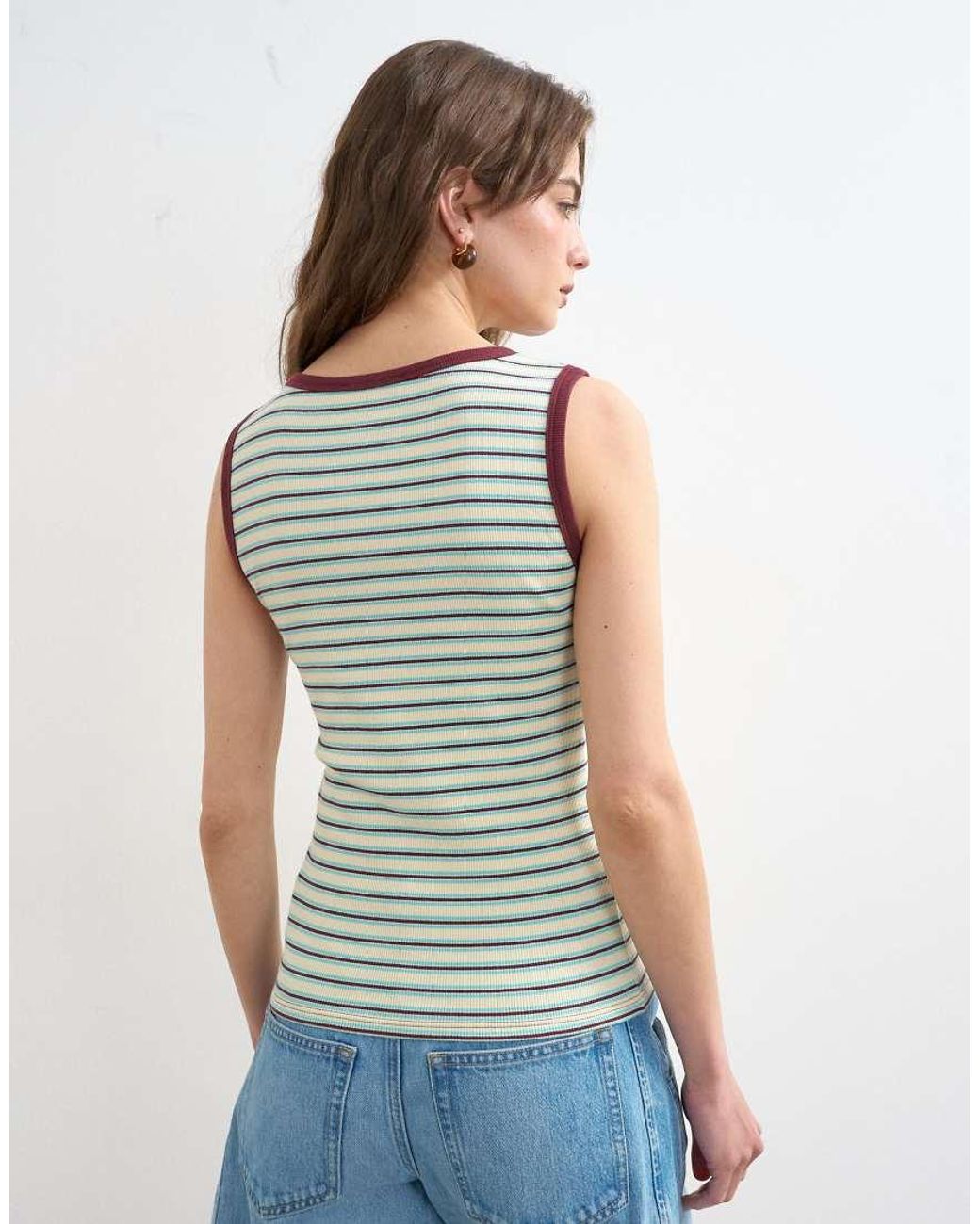 TOPSHOP Blue Stripe Rib V-neck Singlet
