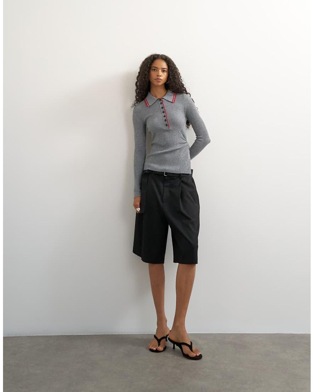 TOPSHOP Gray Knitted Side Twist Polo Top With Wool