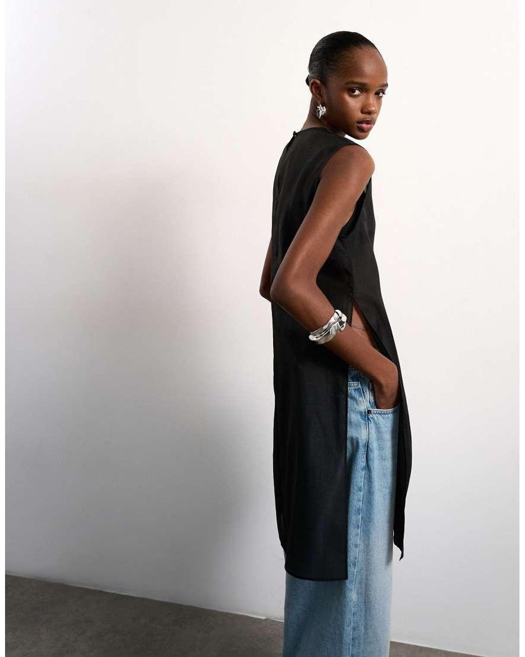 TOPSHOP Black Longline Sheer Organza Tunic