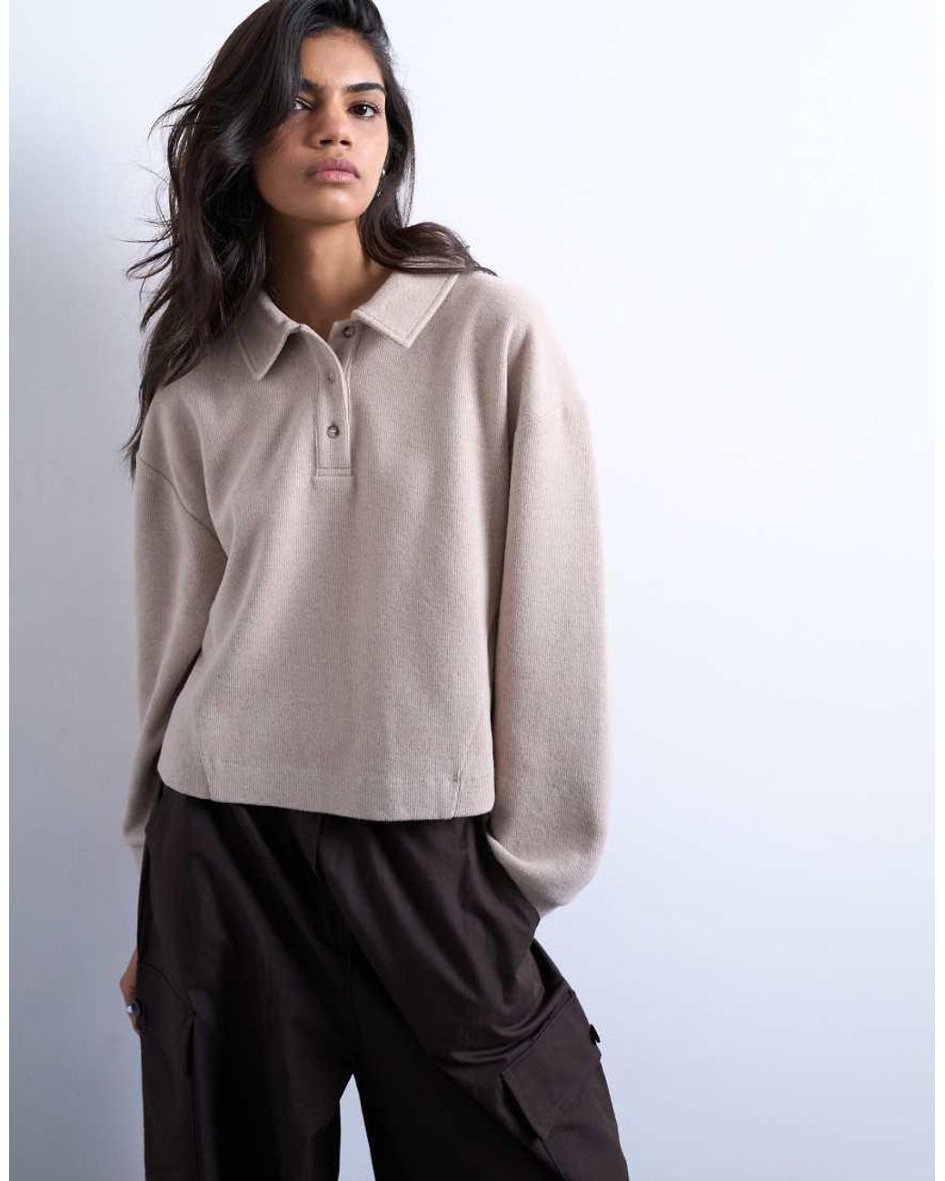 TOPSHOP Gray Boxy Long Sleeve Polo
