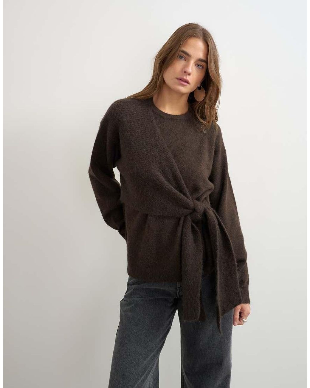 TOPSHOP Black Knitted Front Tie Sweater With Wool And Alpaca