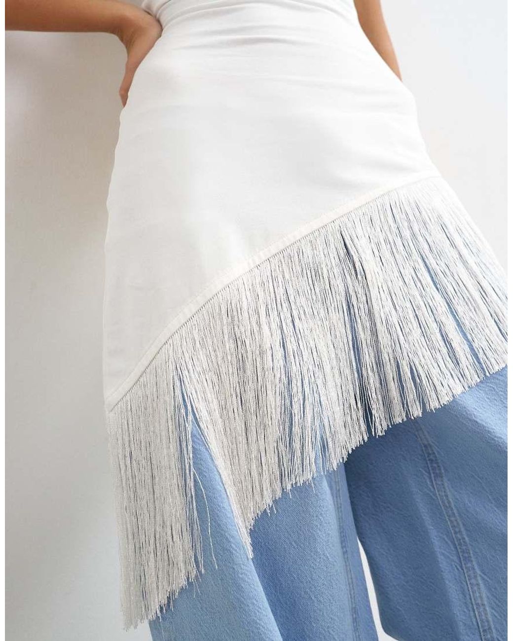 TOPSHOP White Fringe Hem Asymmetric Top