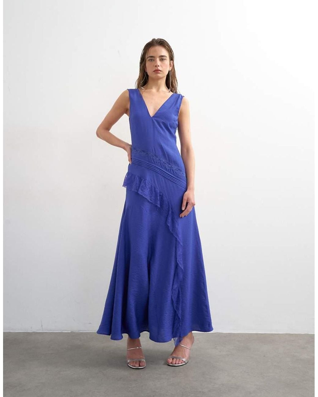 TOPSHOP Blue Deep V Lace Insert Maxi Dress