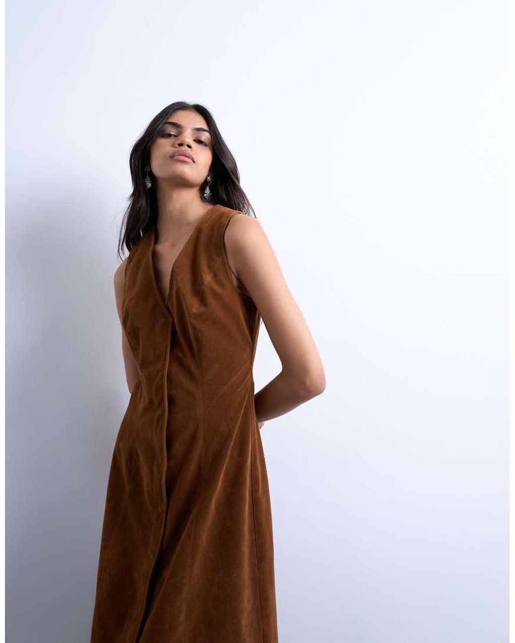 TOPSHOP Brown Faux Suede Hidden Button Plaquette Midi Dress