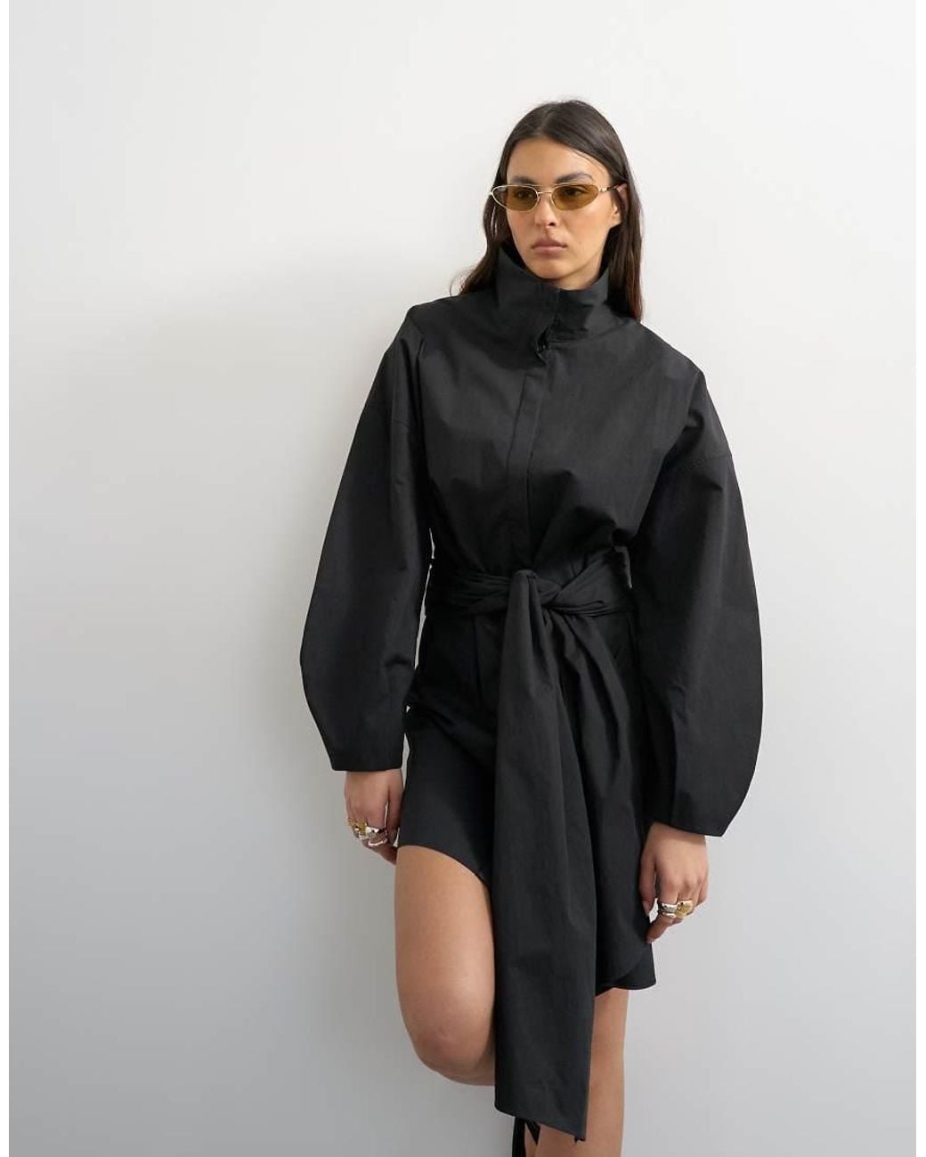 TOPSHOP Gray Long Sleeve Funnel Neck Shirt Dress With Wrap Detail