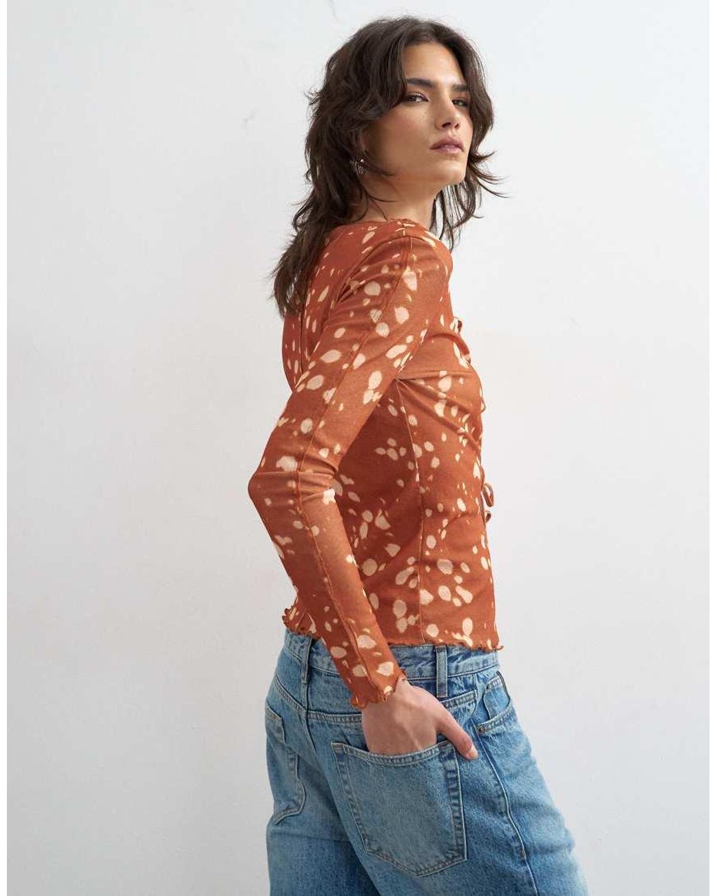 TOPSHOP Brown Mesh Tie Front Long Sleeve Top