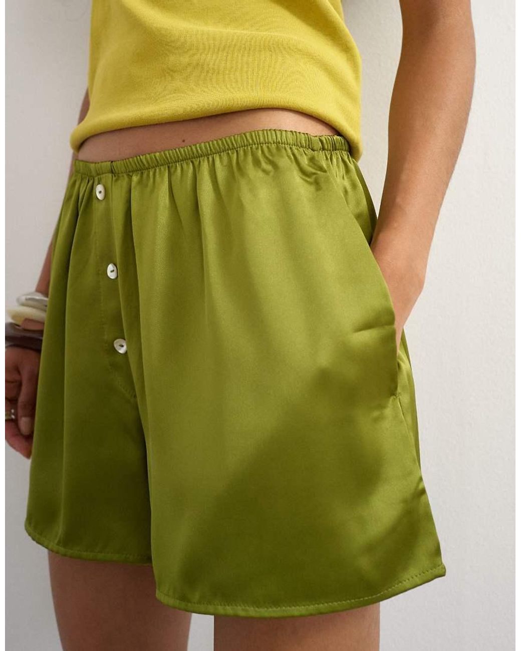 TOPSHOP Green Satin Button Detail Short