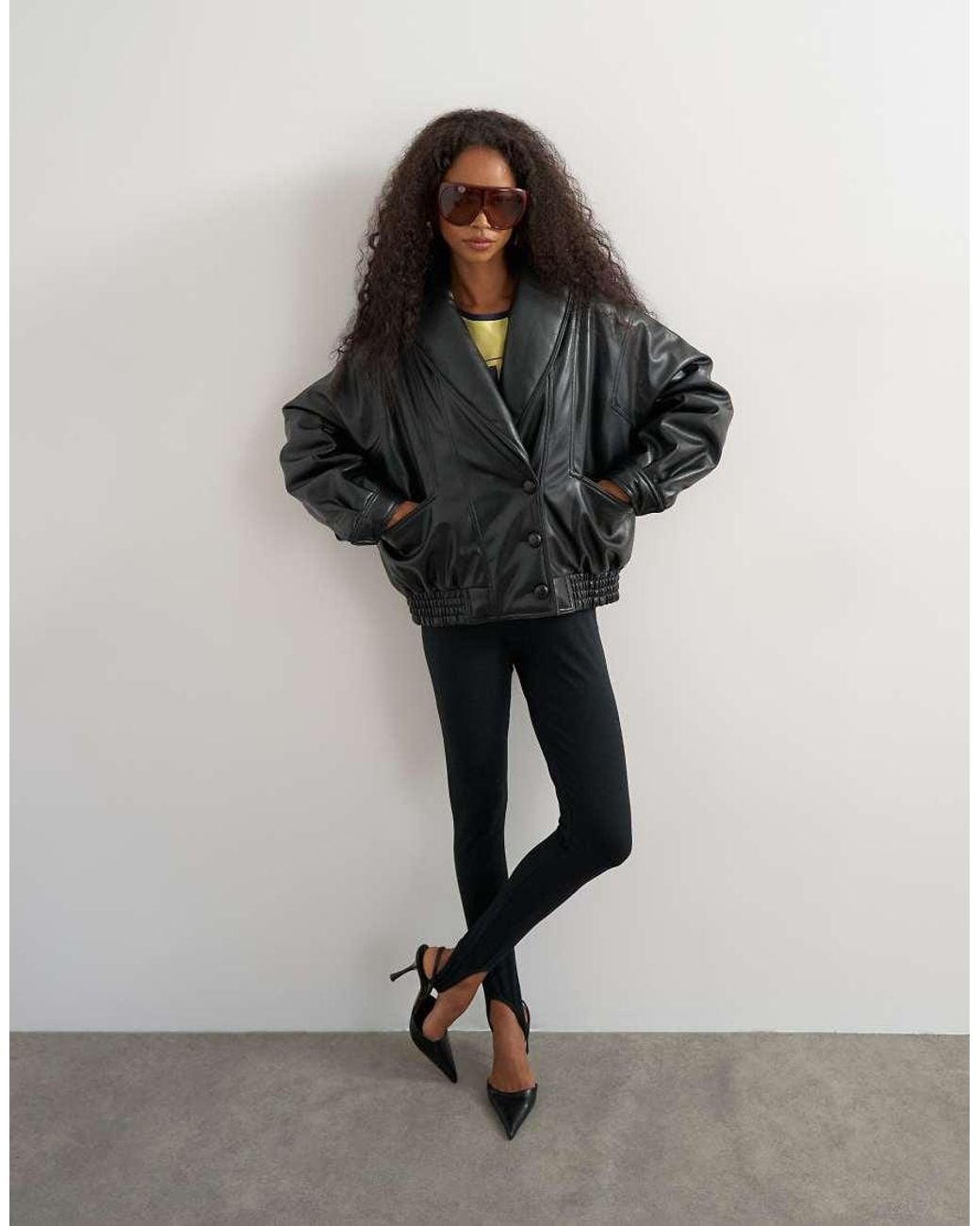 TOPSHOP Black Super Oversized Faux Leather Shawl Collar Bomber Jacket