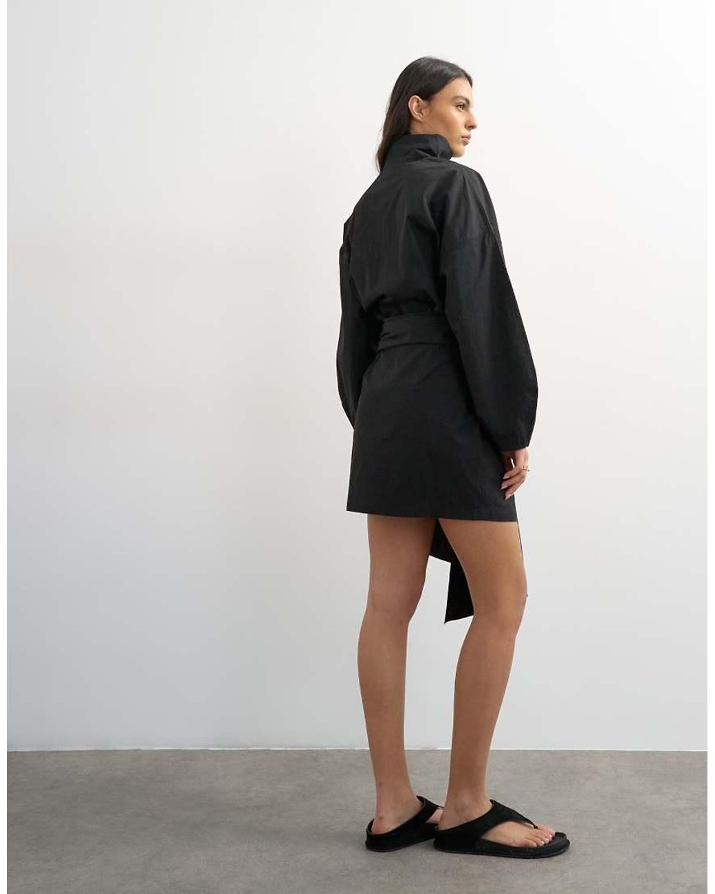 TOPSHOP Gray Long Sleeve Funnel Neck Shirt Dress With Wrap Detail
