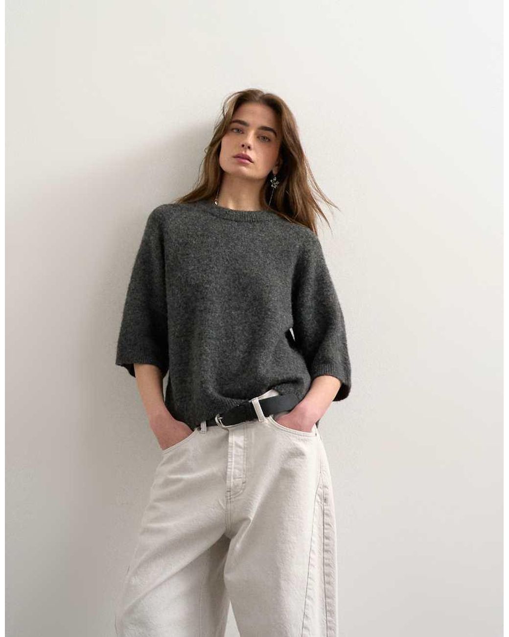 TOPSHOP Black Knitted Half Sleeve T-Shirt