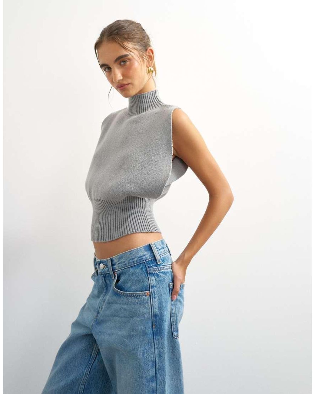 TOPSHOP Blue Knitted Sculpted Sleeveless Funnel Neck Jumper
