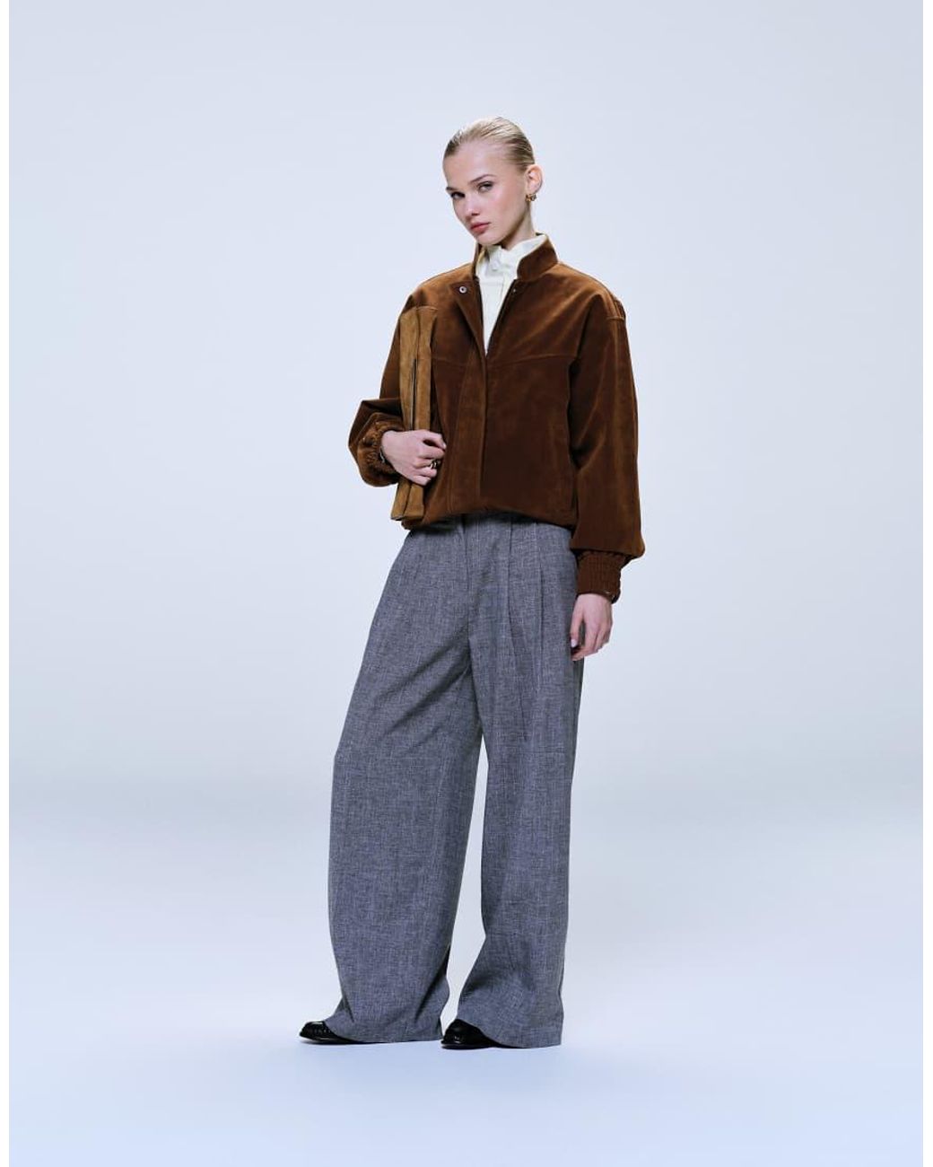 TOPSHOP Brown Faux Suede Bomber Jacket With Funnel Collar