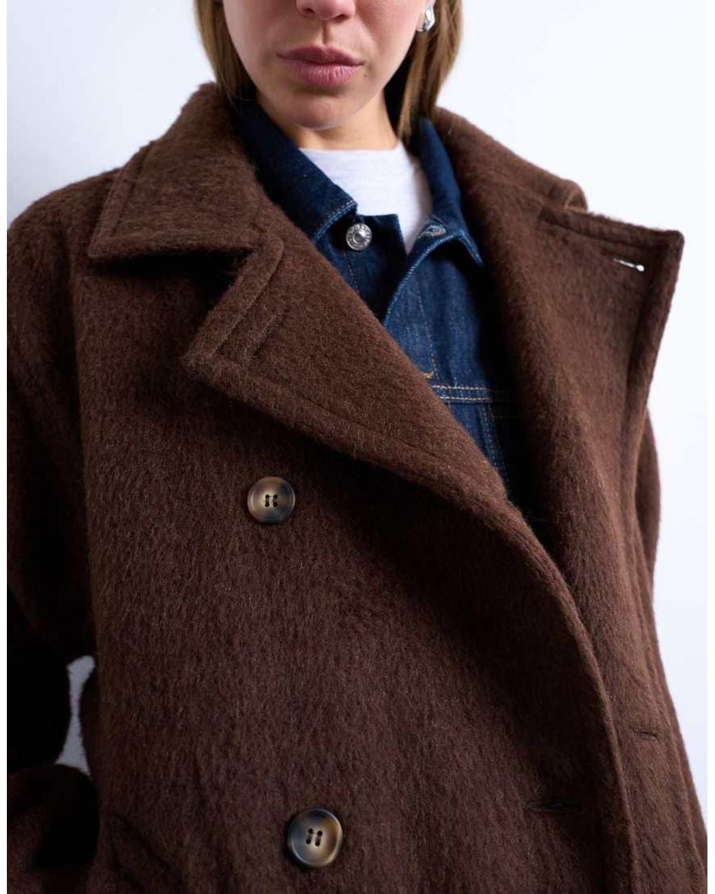 TOPSHOP Brown Unlined Double Breasted Longline Coat With Wool