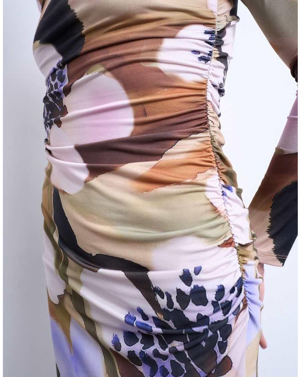 TOPSHOP White Floral Print Long Sleeve Ruched Side Slinky Mini Dress