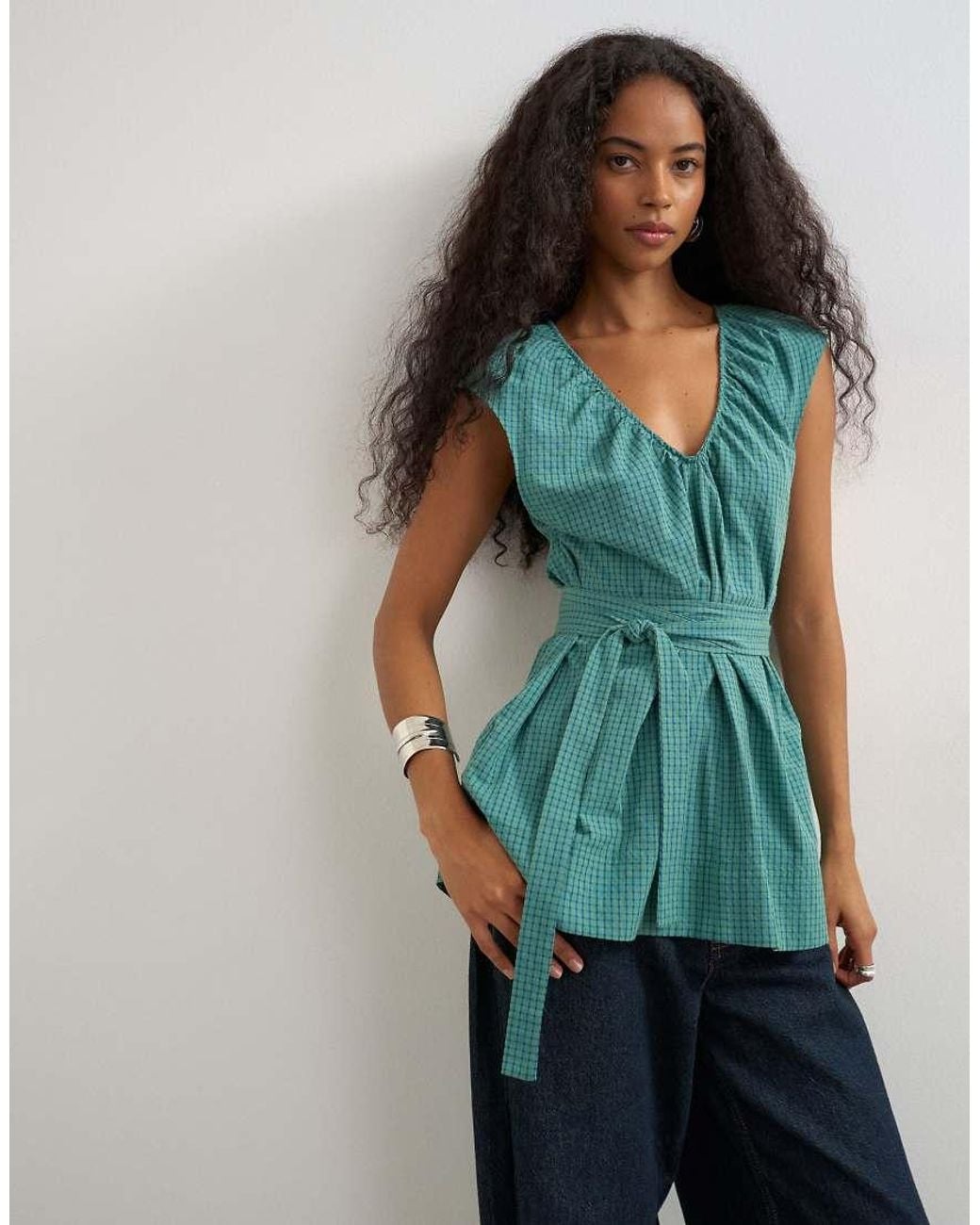 TOPSHOP Green Ruched Neckline Tie Detail Top