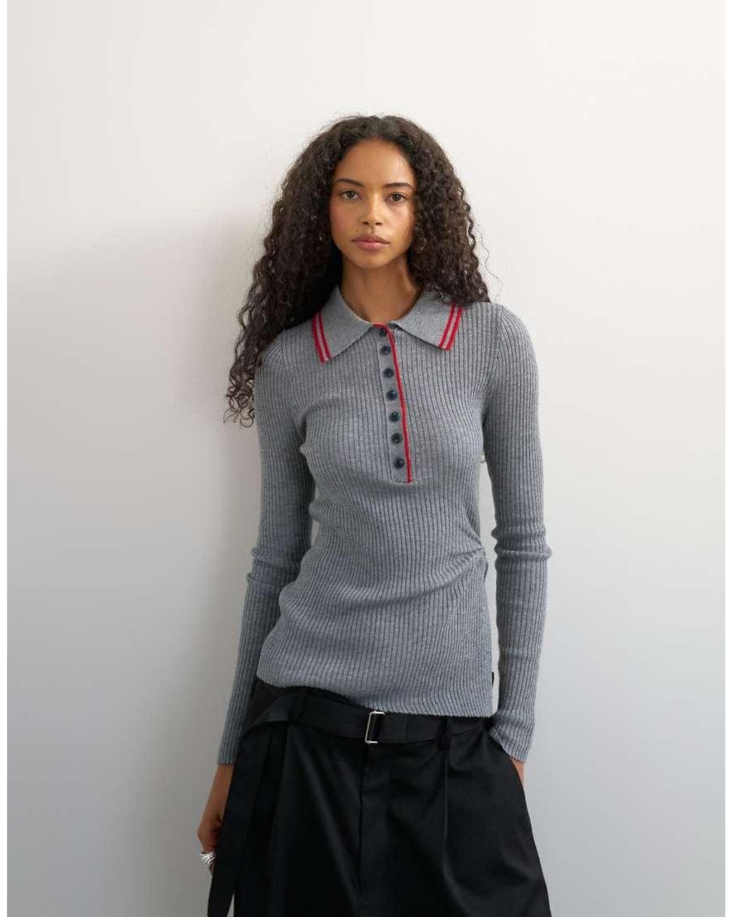 TOPSHOP Gray Knitted Side Twist Polo Top With Wool