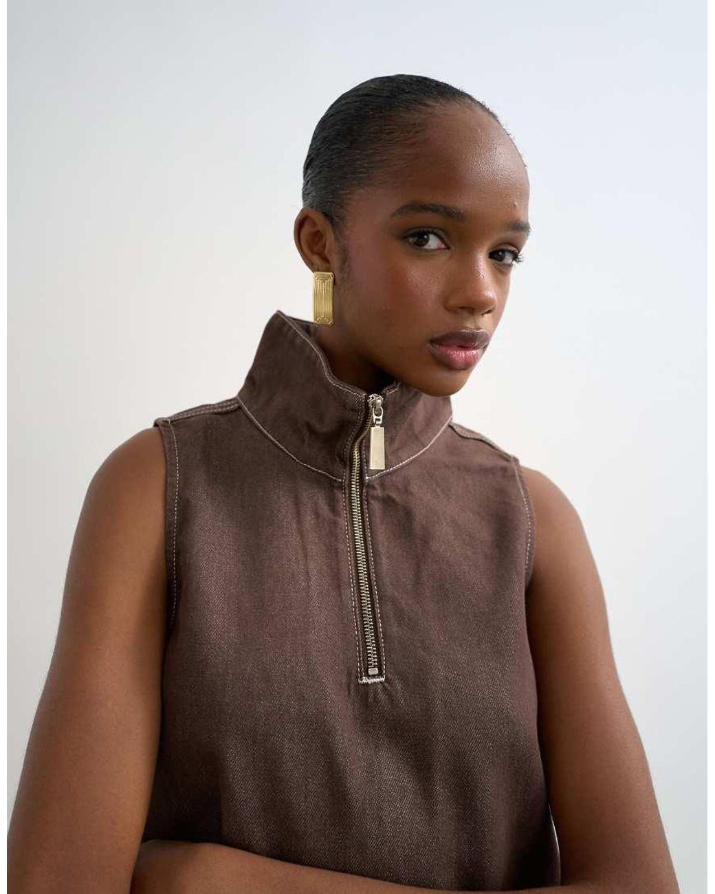 TOPSHOP Brown Denim Funnel Neck Pinny Dress Choc Rinse