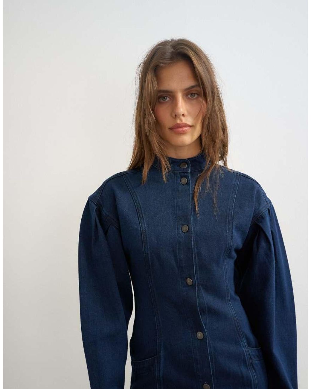 TOPSHOP Blue Balloon Sleeve Mock Neck Mini Dress