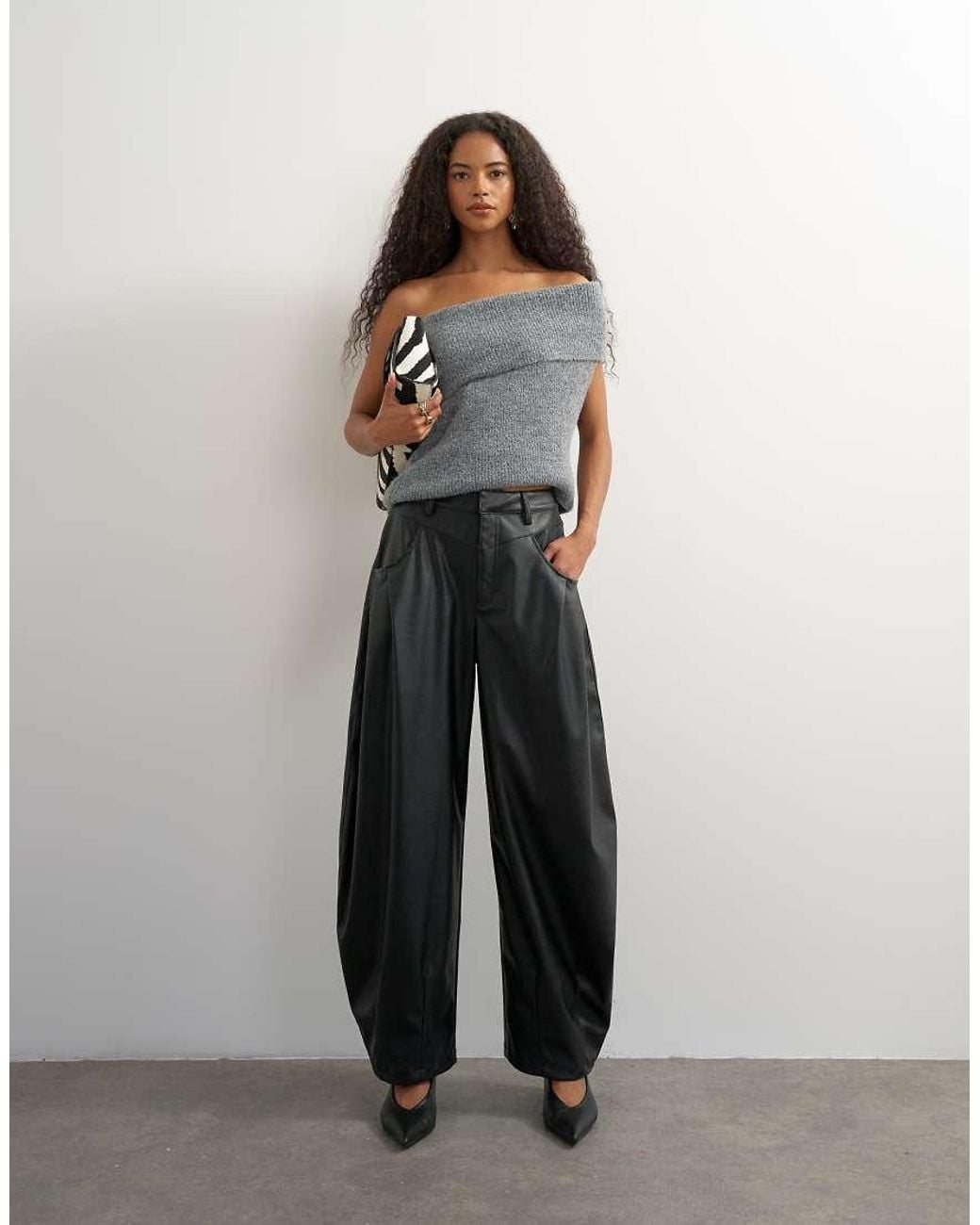TOPSHOP Black Faux Leather Yoke Detail Barrel Leg