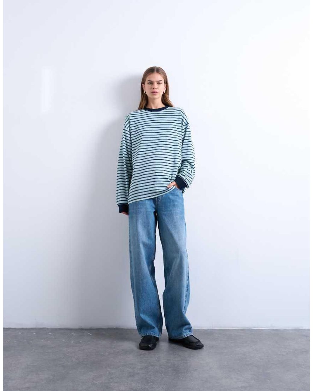 TOPSHOP Blue Striped Long Sleeve Slouchy Skater Tee