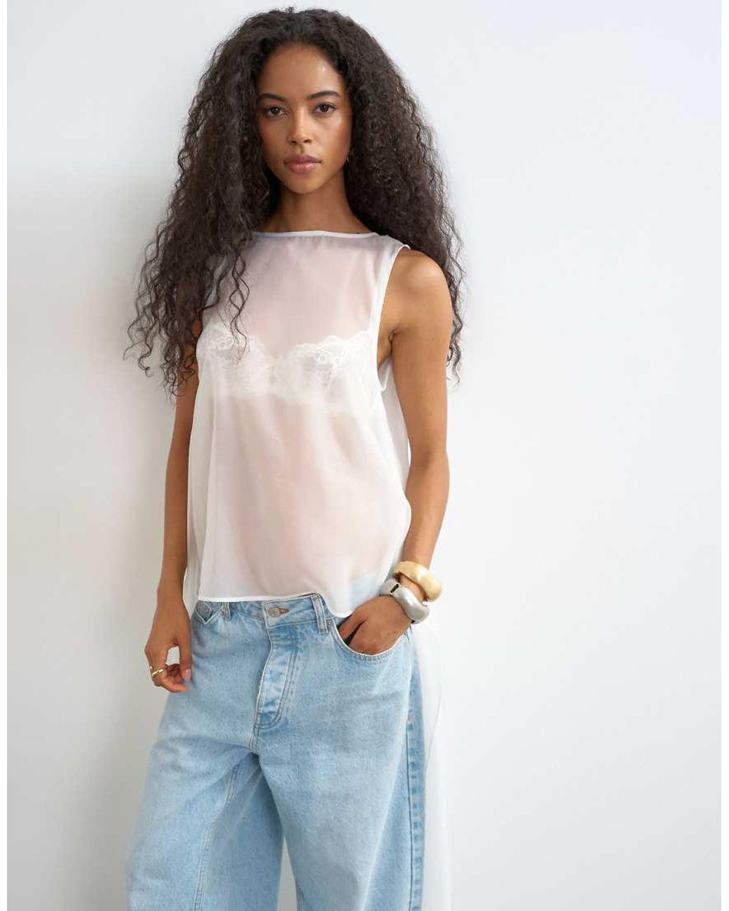 TOPSHOP White Sheer Organza Drape Tunic Top