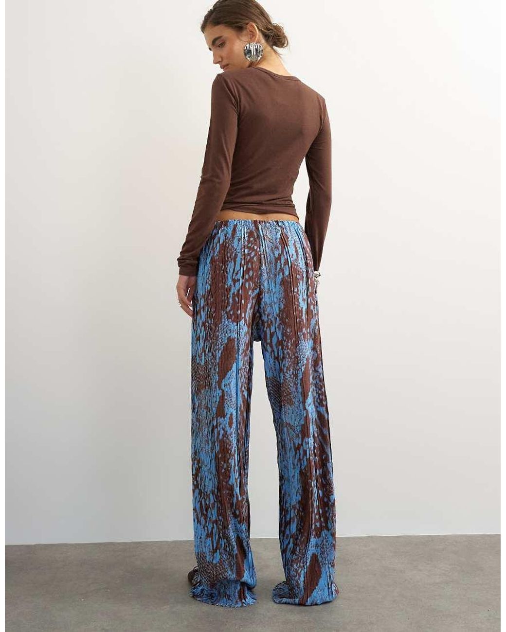 TOPSHOP Blue Abstract Plisse Wide Leg Trouser