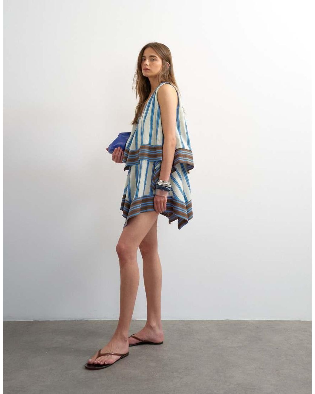 TOPSHOP Blue Cotton V Neck Smock Mini Dress