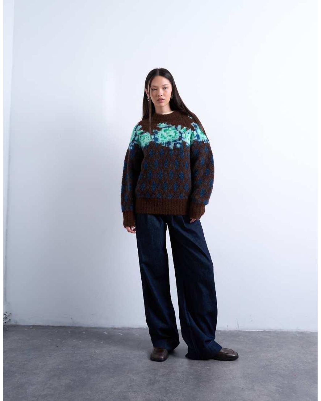 TOPSHOP Multicolor Knit Flower And Argyle Sweater