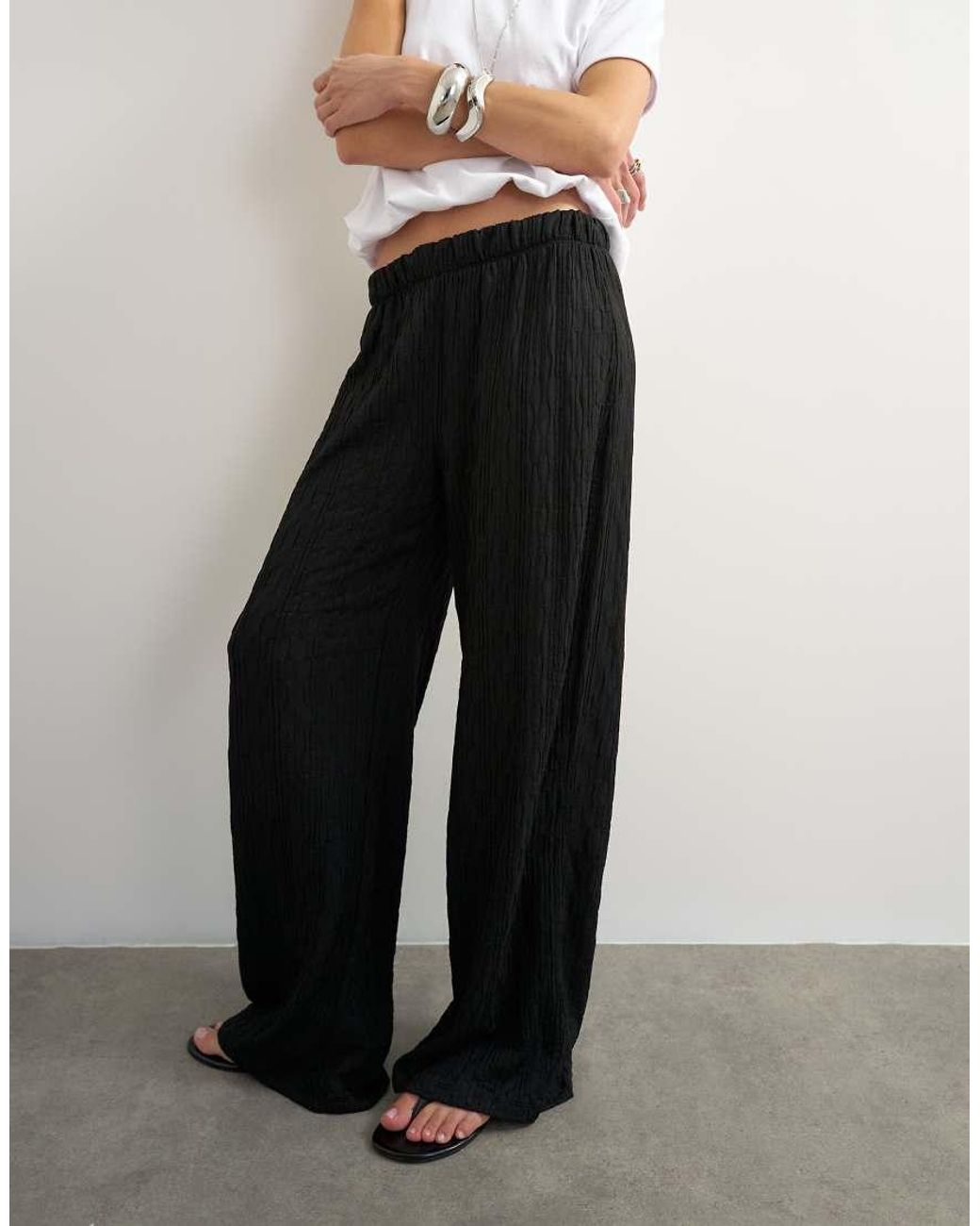 TOPSHOP White Plisse Jersey Wide Leg Trouser