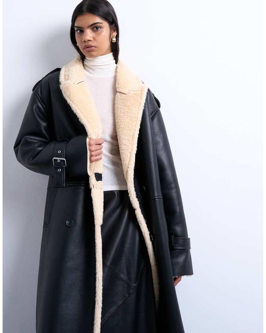 TOPSHOP Blue Longline Oversized Funnel Aviator Borg Coat