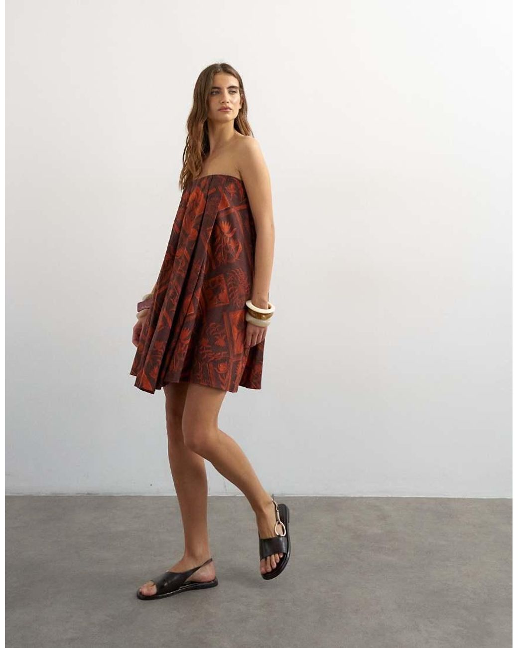 TOPSHOP Brown Linen Rich Full Trapeze Bandeau Mini Dress