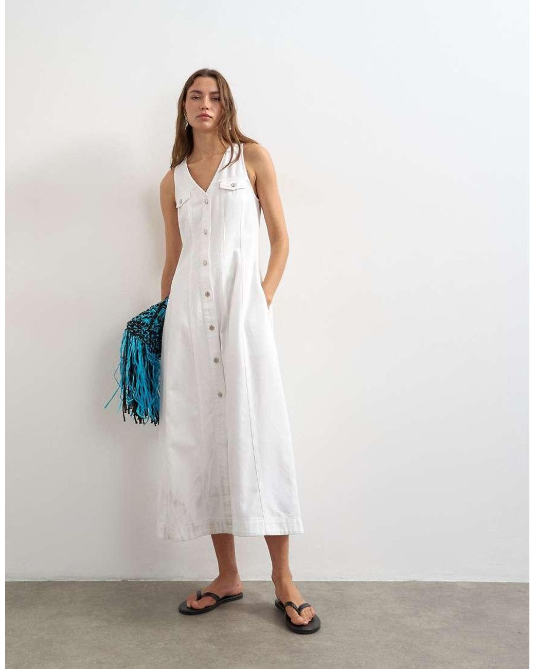 TOPSHOP White Denim V Neck Button Through Maxi Dress