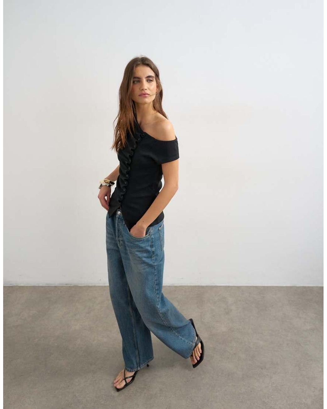 TOPSHOP Black Bardot Button Through Top