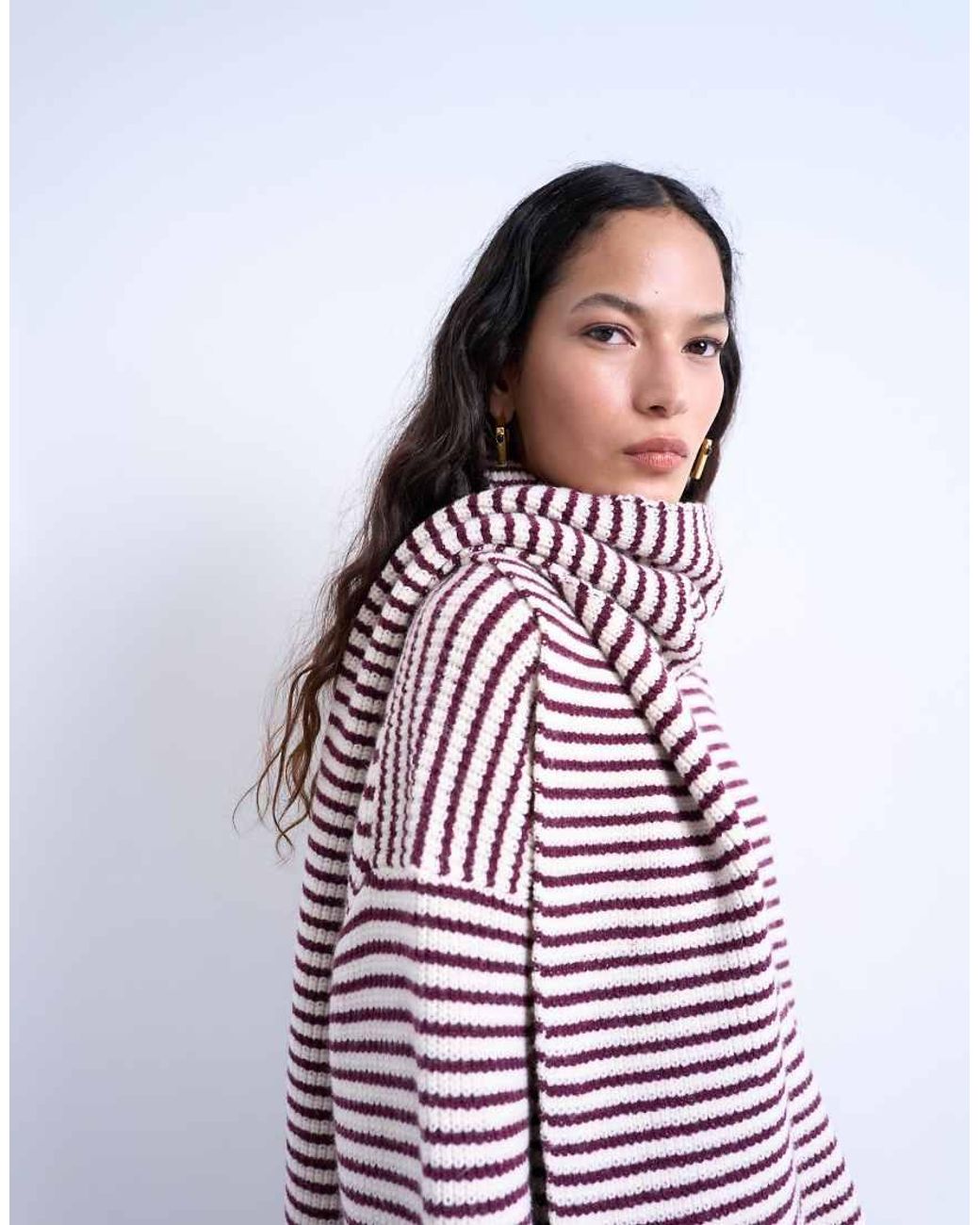 TOPSHOP Purple Knit Stripe Oversized Sweater With Scarf