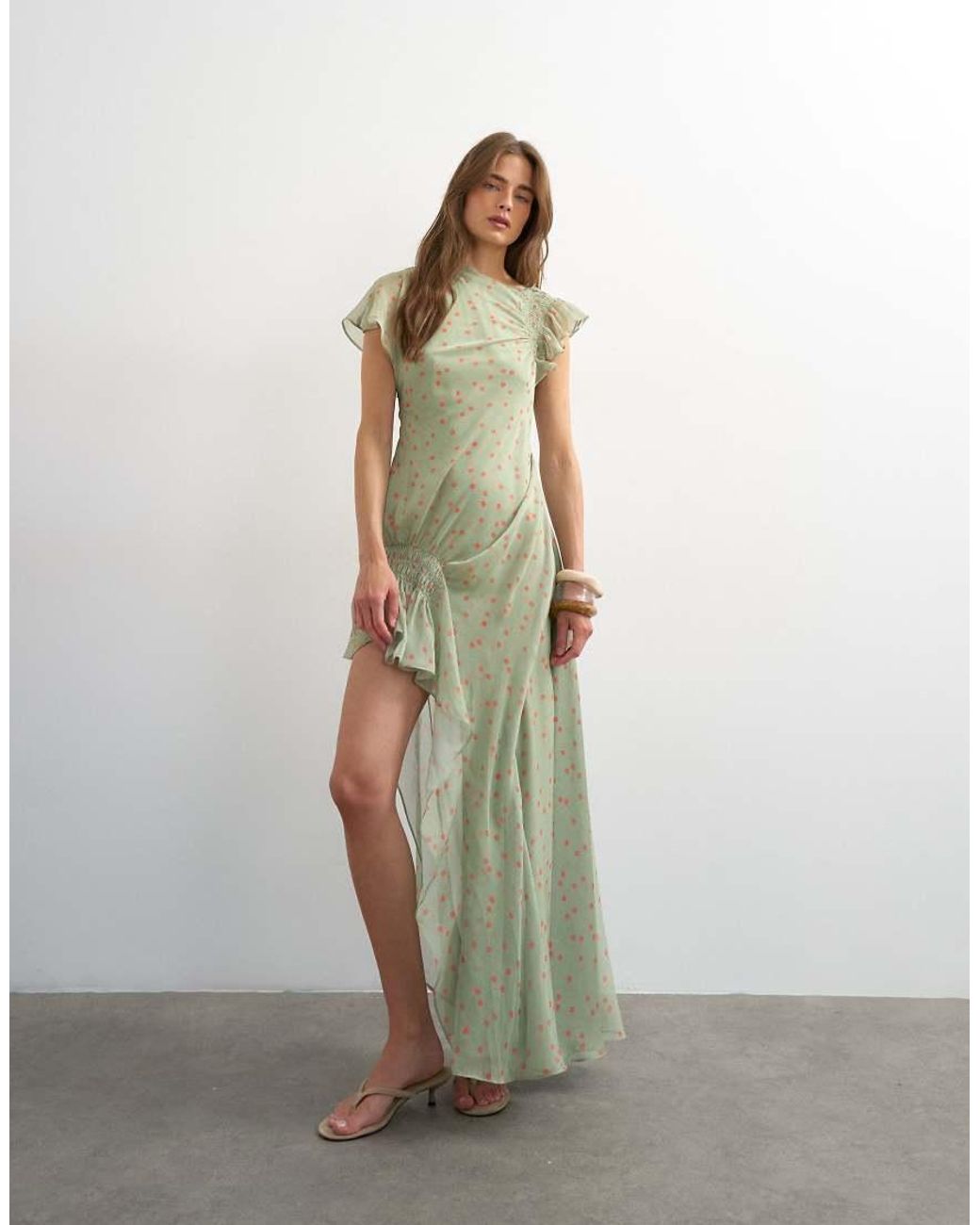 TOPSHOP Green Premium Chiffon High Low Maxi Dress With Smocking Detail
