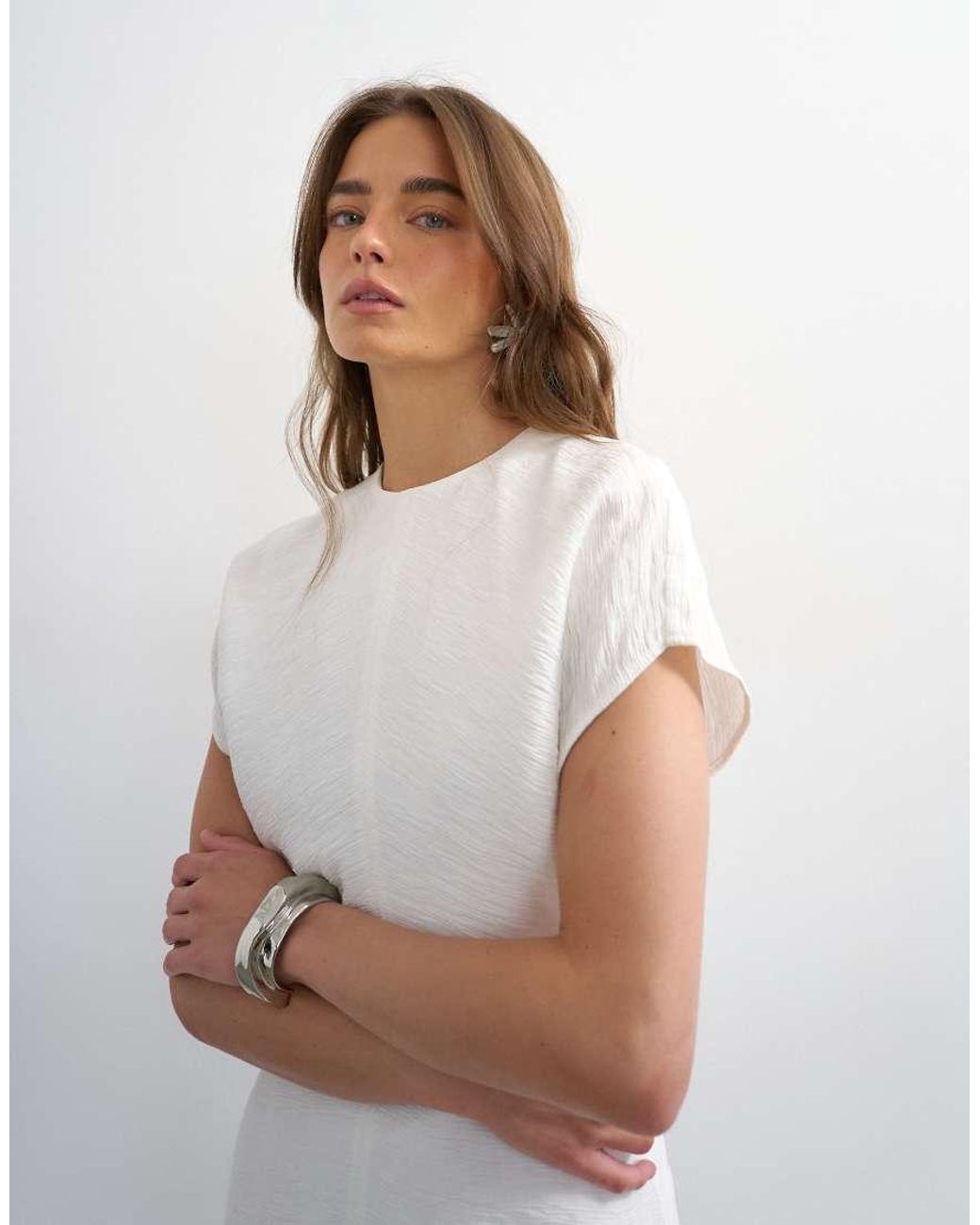 TOPSHOP White Drop Shoulder Blouson Waist Crinkle Maxi Dress