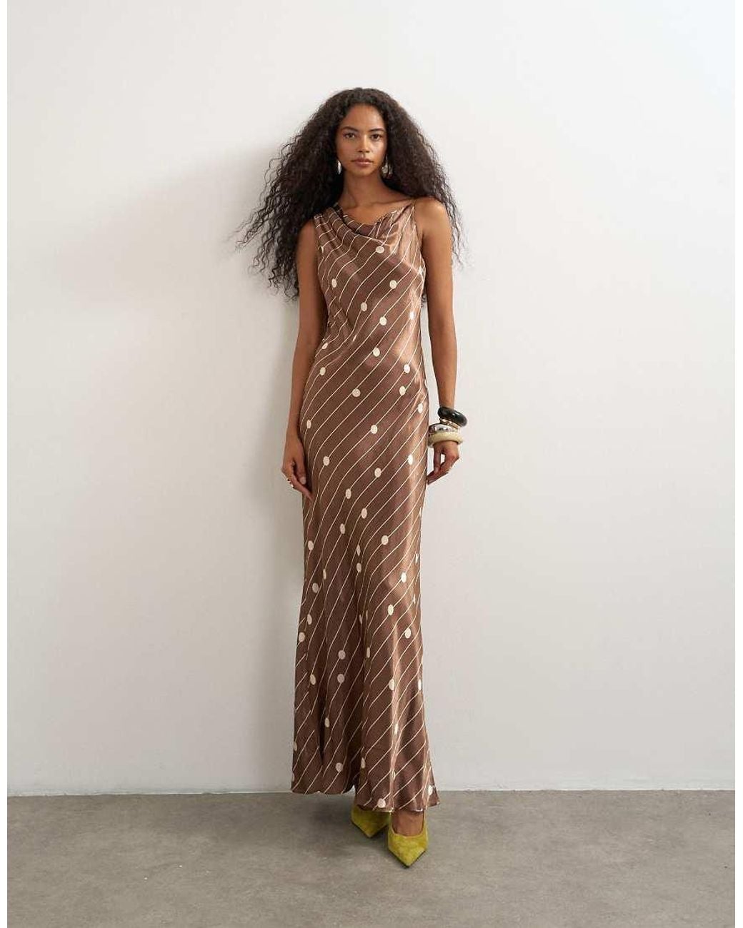 TOPSHOP Brown Satin Polka Dot Asymmetric Maxi Dress
