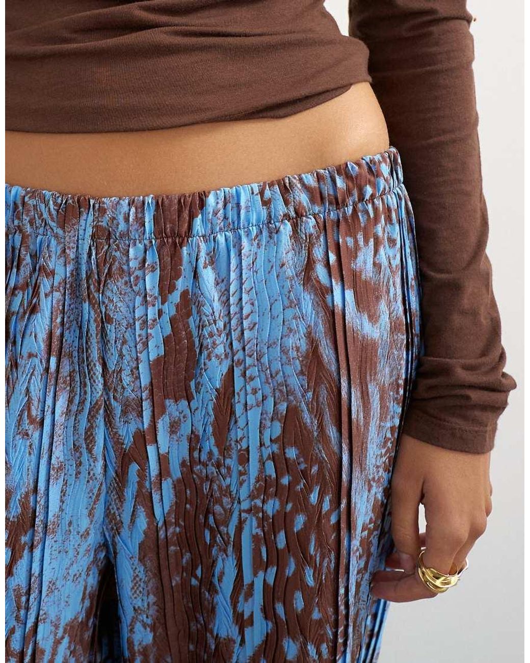 TOPSHOP Blue Abstract Plisse Wide Leg Trouser