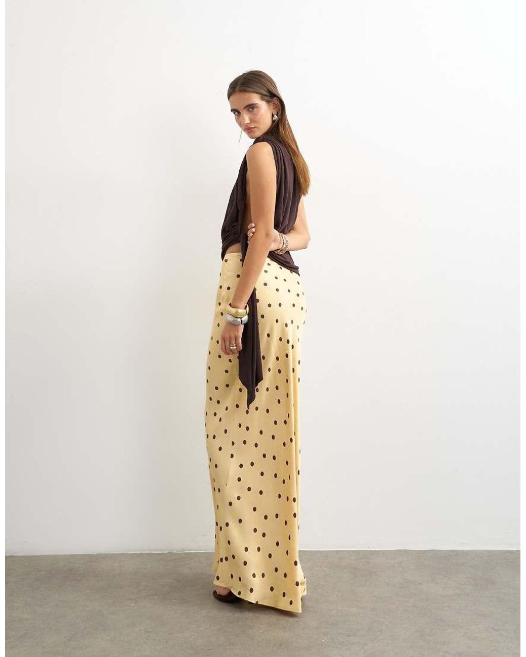 TOPSHOP White Polka Dot Flood Length Satin Bias Maxi Skirt