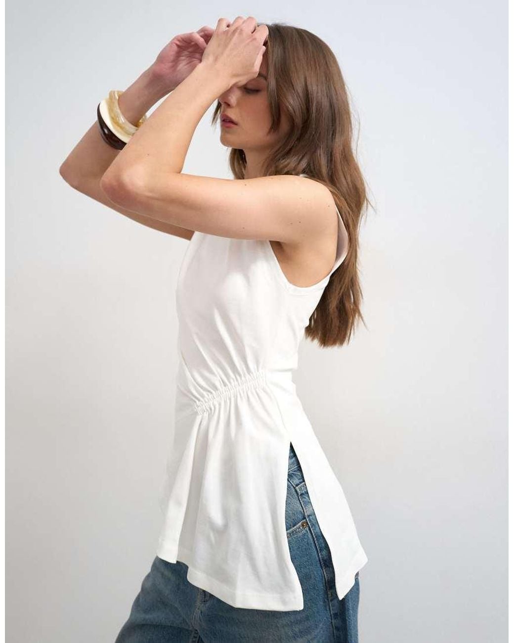 TOPSHOP White Ruched Side Detail Asymmetric Top