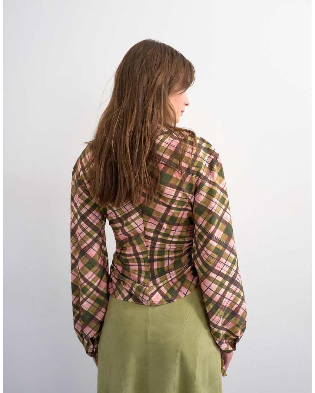 TOPSHOP Multicolor Check Print Long Sleeve Ruched Side Top