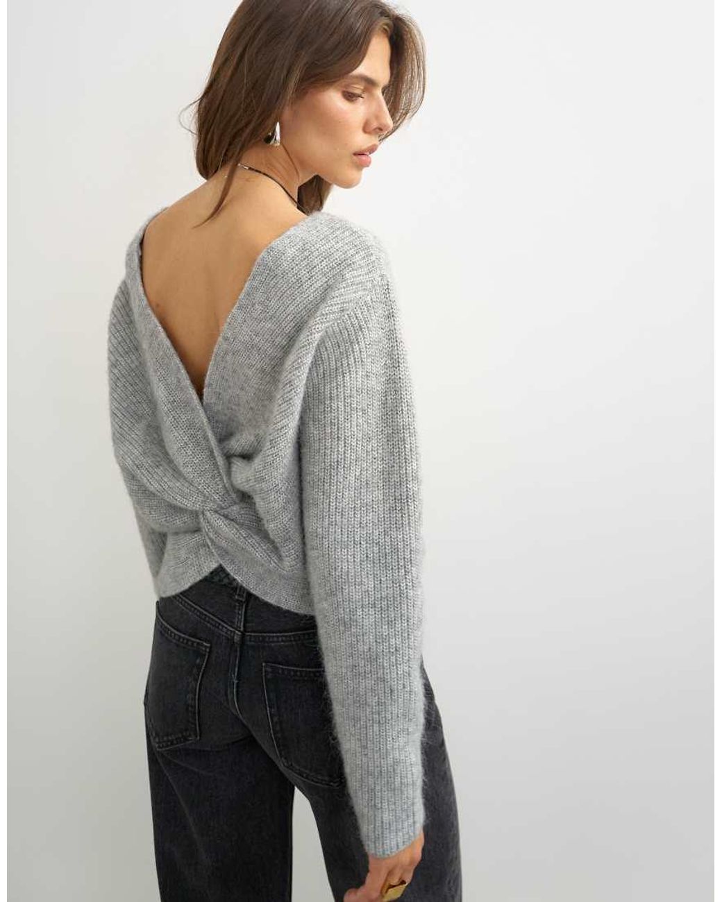 TOPSHOP Gray Knitted Knot Back Detail Jumper With Wool