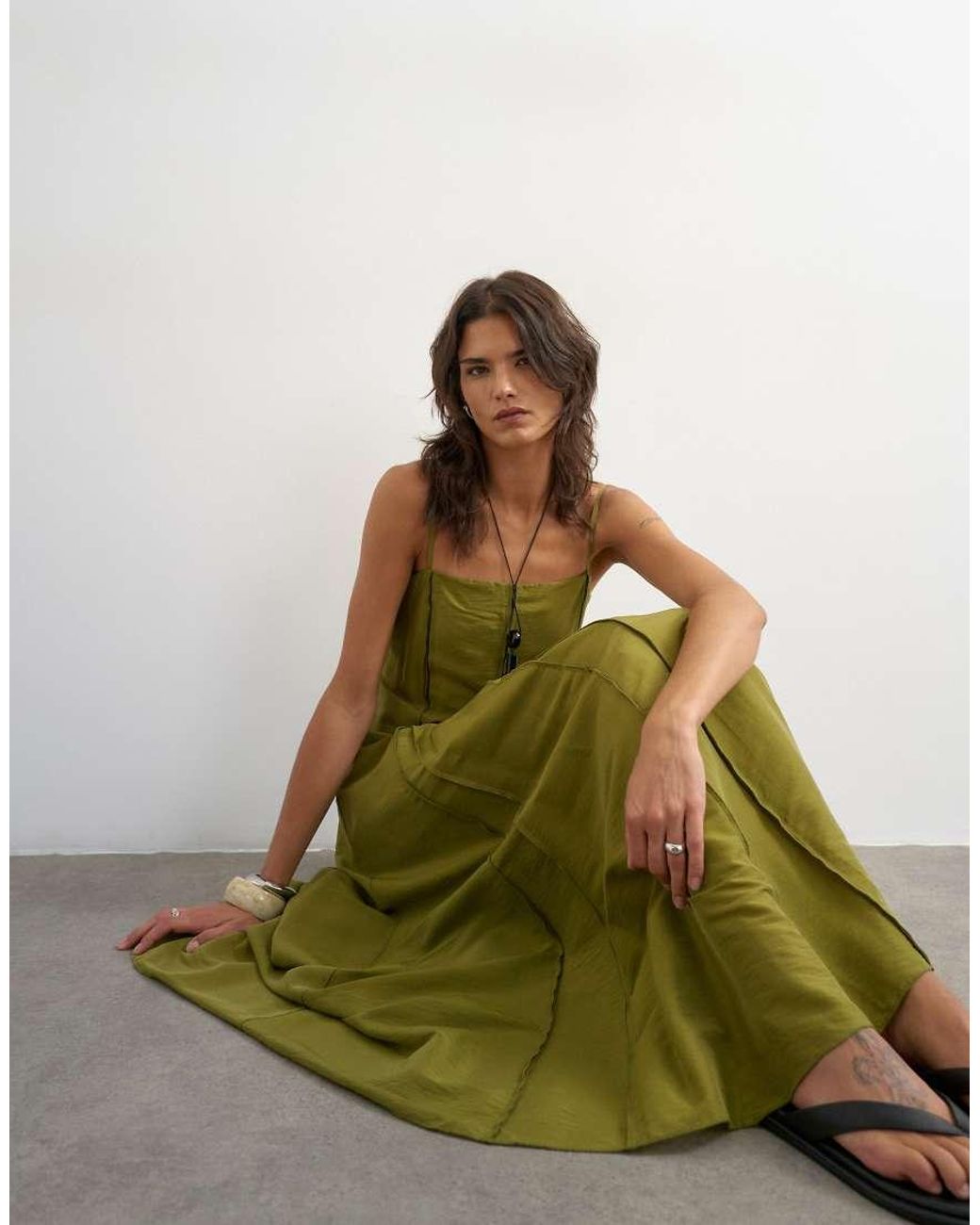 TOPSHOP Green Raw Seamed Strappy Maxi Dress