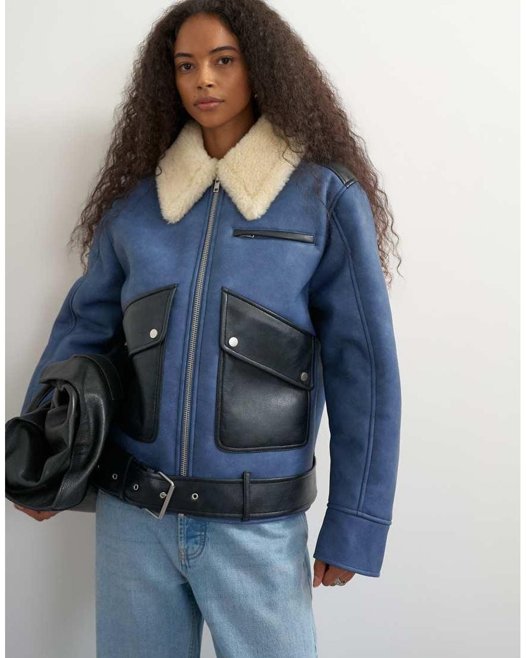 TOPSHOP Blue Shearling Belted Biker Jacket