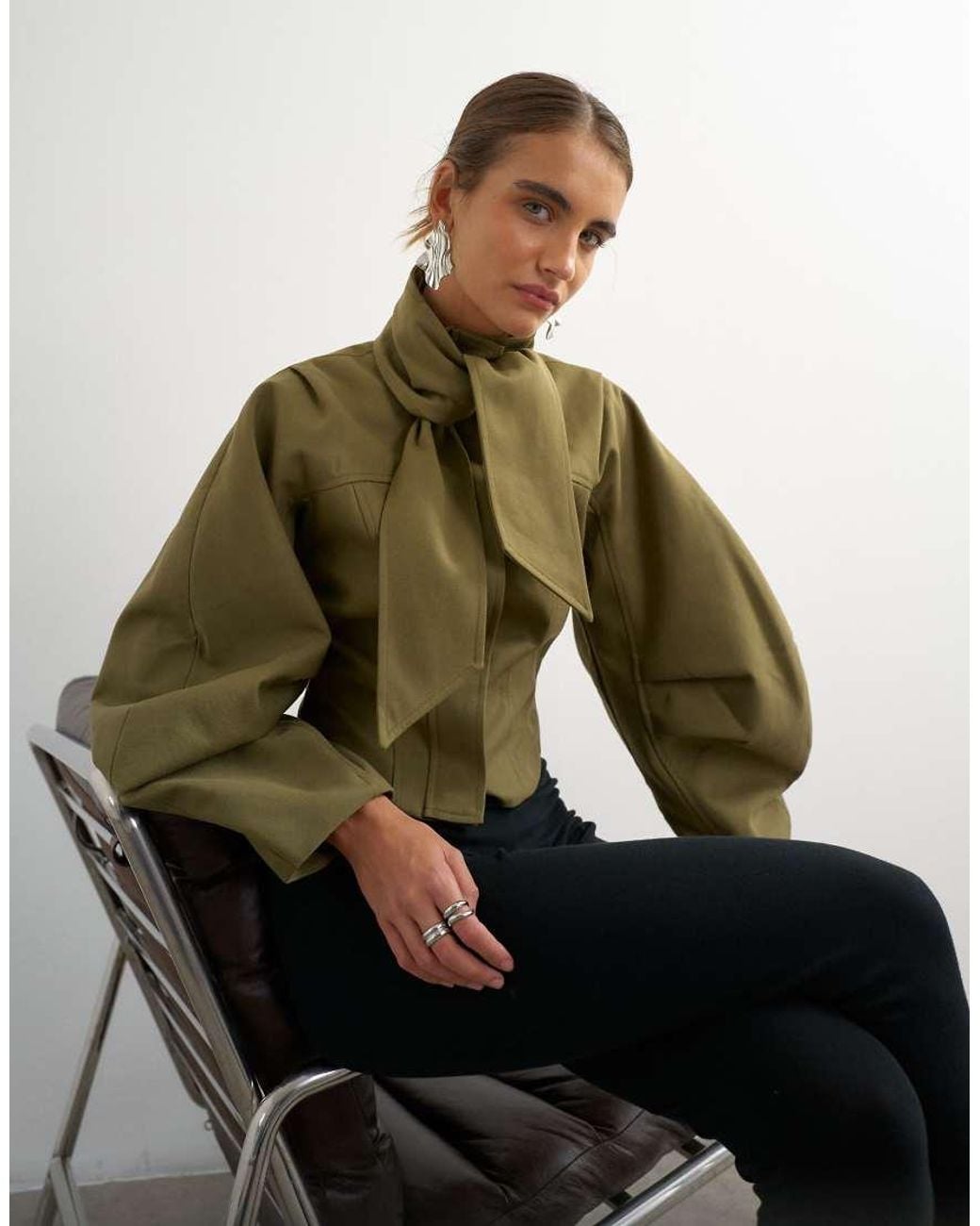 TOPSHOP Green Tie Neck Fitted Ovoid Sleeve Jacket